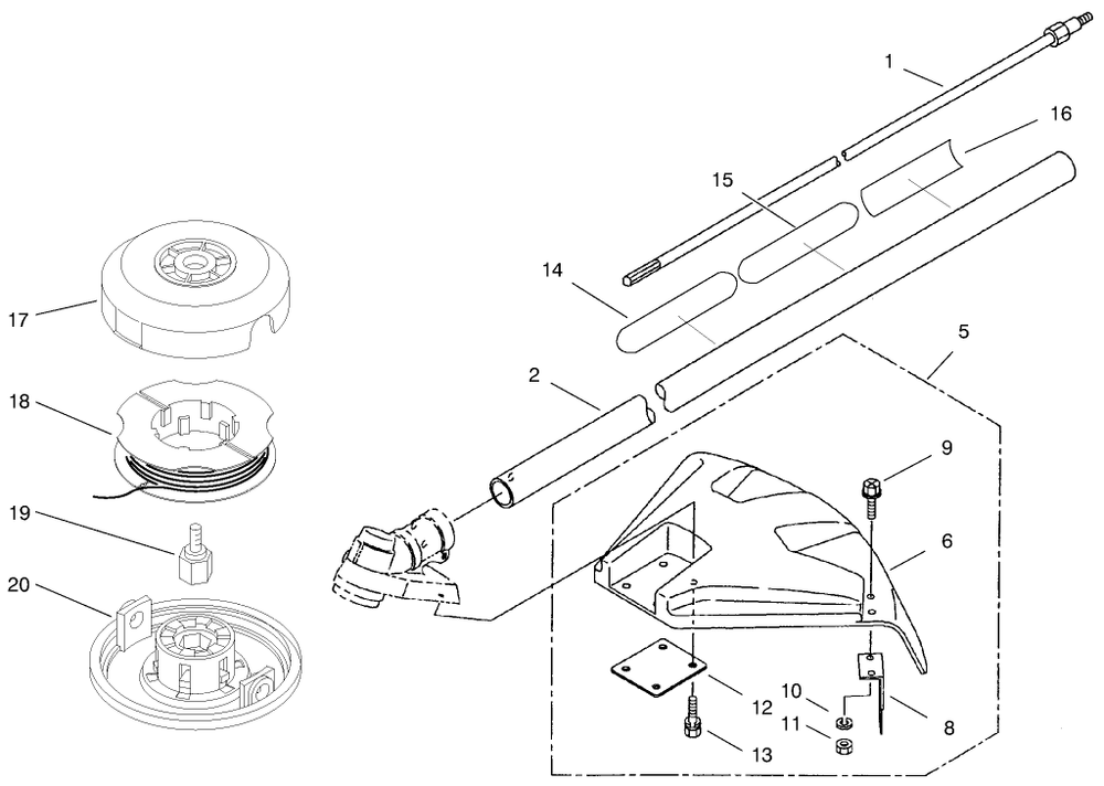 Head, Shaft And Shield Assembly Diagram and Parts List for 53002 (0895001 - 0899999)(1998) Lawn Boy Trimmer
